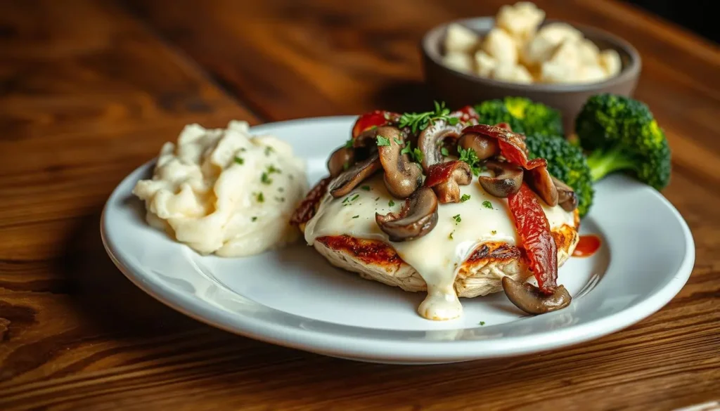 A beautifully plated dish of Alice Springs Chicken, featuring a grilled chicken breast topped with melted cheese, crispy bacon, and sautéed mushrooms, garnished with fresh herbs. The dish is served alongside creamy mashed potatoes and steamed broccoli, all set on a rustic wooden table with warm, natural lighting.