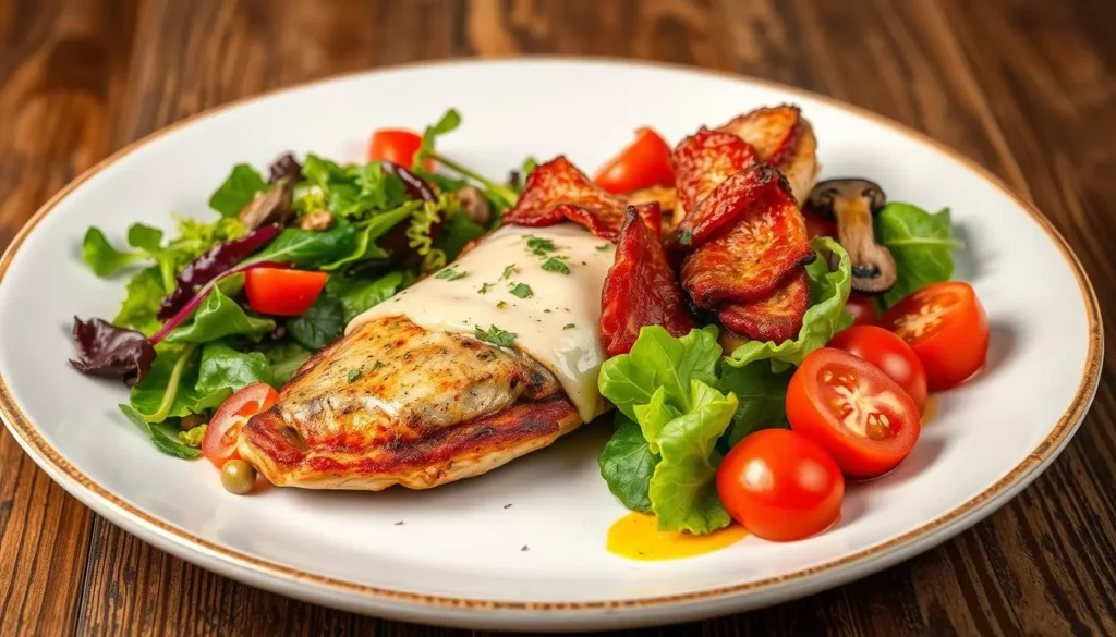 A beautifully plated dish of Alice Springs Chicken featuring grilled chicken breast topped with crispy bacon, melted cheese, and sautéed mushrooms, garnished with fresh herbs, served alongside a vibrant salad with mixed greens, cherry tomatoes, and a tangy dressing, all set against a rustic wooden table backdrop.