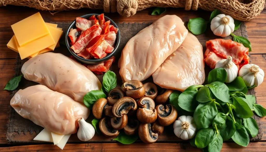 A visually appealing spread of ingredients for Alice Springs Chicken, featuring juicy chicken breasts, crispy bacon strips, melted cheese slices, fresh sautéed mushrooms, vibrant green spinach leaves, and aromatic garlic cloves, arranged on a rustic wooden table with a backdrop of earthy textures and warm lighting.