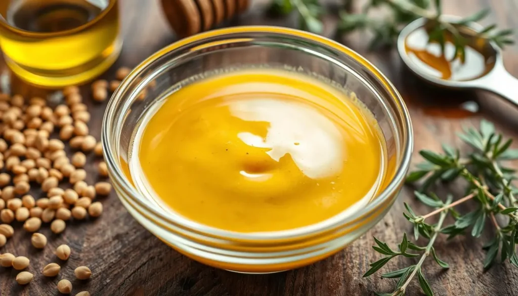 A close-up view of a golden honey mustard marinade in a glass bowl, glistening with a smooth texture. Surrounding the bowl are fresh ingredients like whole grain mustard seeds, drizzles of honey, and sprigs of fresh herbs. The background features a rustic wooden table with subtle hints of kitchen utensils, creating a warm and inviting atmosphere.