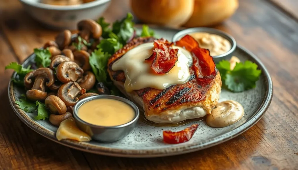 A beautifully plated Alice Springs Chicken, featuring a juicy grilled chicken breast topped with melted Swiss cheese and crispy bacon, served on a rustic wooden table. Surrounding the chicken are vibrant sides of sautéed mushrooms, fresh greens, and a creamy honey mustard sauce, with warm bread rolls nearby. Natural lighting enhances the mouthwatering colors and textures of the dish.