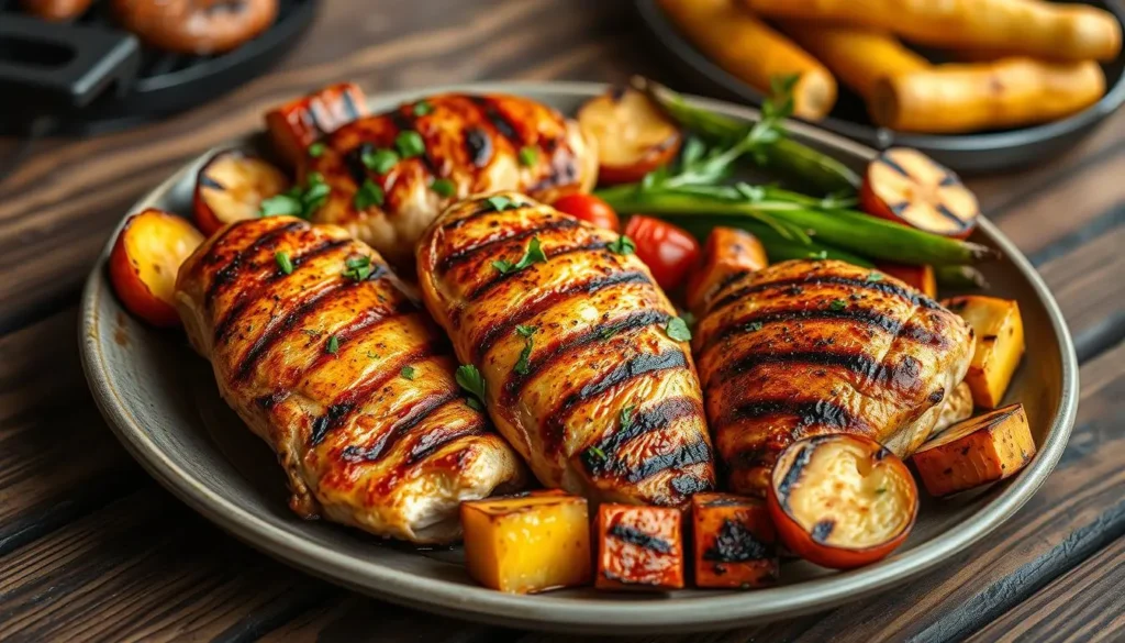 A platter of perfectly grilled chicken breasts, garnished with fresh herbs, served alongside vibrant grilled vegetables, showcasing a smoky, charred texture. The background features a rustic wooden table with hints of an outdoor barbecue setting, emphasizing a warm, inviting atmosphere.