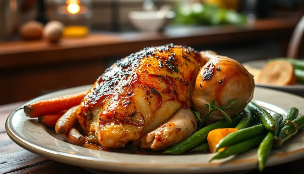 A beautifully baked bone-in chicken breast, golden and crispy skin glistening under warm kitchen light, surrounded by vibrant seasonal vegetables like roasted carrots and green beans, garnished with fresh herbs, on a rustic wooden table, with an inviting home-cooked atmosphere.