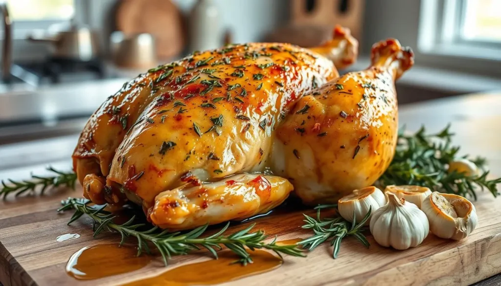 A beautifully roasted bone-in chicken breast, golden brown skin glistening with herbs and garlic, placed on a rustic wooden cutting board, surrounded by fresh rosemary and thyme sprigs, with a drizzle of olive oil and roasted garlic cloves, warm kitchen ambiance with soft natural light.