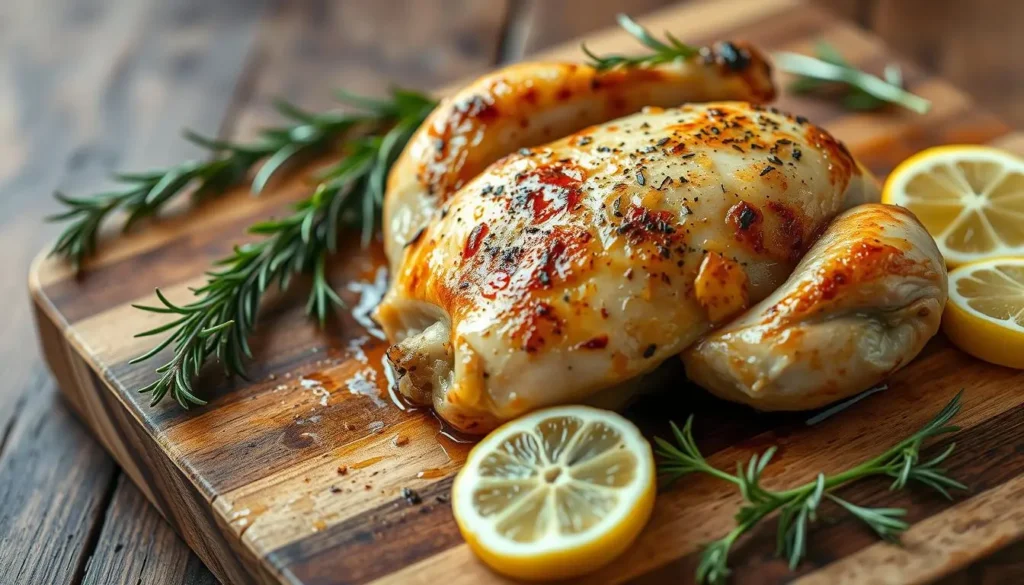 A beautifully baked bone-in chicken breast with golden, crispy skin, resting on a rustic wooden cutting board, surrounded by fresh herbs like rosemary and thyme, and garnished with slices of lemon, soft focus, warm lighting.