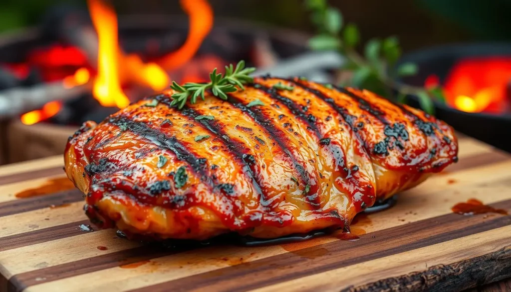 A beautifully grilled bone-in chicken breast, with crispy, smoky char marks, garnished with fresh herbs, resting on a rustic wooden cutting board. The background features a vibrant summer barbecue scene, with glowing embers and hints of green from nearby foliage. The chicken glistens with a delicious glaze, showcasing mouth-watering juiciness.