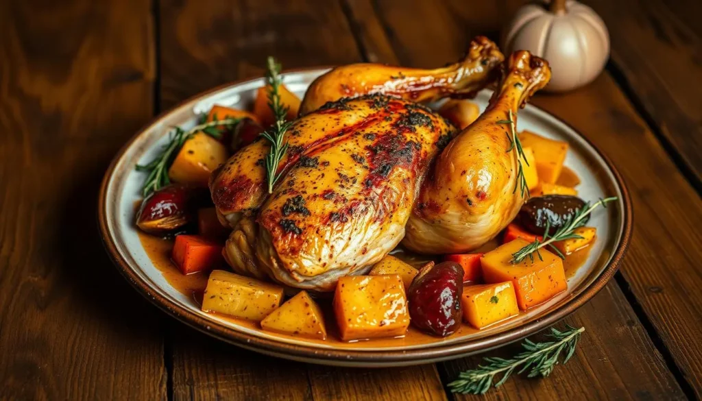 A beautifully plated bone-in chicken breast surrounded by colorful roasted vegetables, herbs, and spices, set on a rustic wooden table, with warm, inviting lighting that enhances the savory details of the dish.