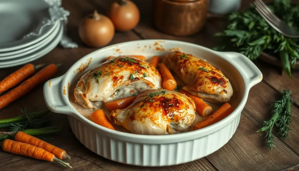 A rustic wooden table adorned with a creamy casserole dish filled with golden, juicy bone-in chicken breasts, surrounded by vibrant vegetables like carrots and green beans, with a sprinkle of fresh herbs on top, soft natural lighting enhancing the rich textures and colors, an inviting and homey atmosphere.