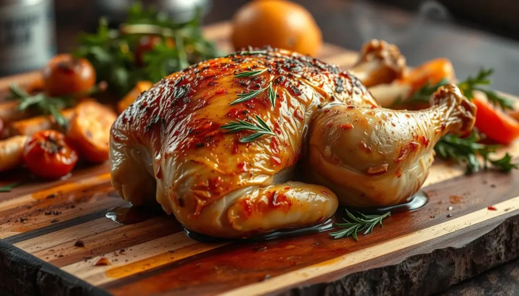 baked chicken breast bone in
A golden-brown, juicy baked chicken breast with the bone in, resting on a rustic wooden cutting board, garnished with fresh herbs, surrounded by roasted vegetables and a hint of steam rising, warm and inviting atmosphere.