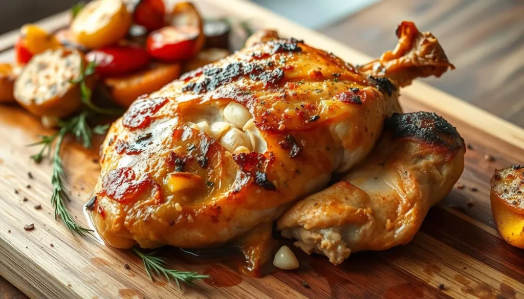 baked chicken breast bone in A golden, crispy baked bone-in chicken breast, juices glistening, resting on a rustic wooden cutting board, surrounded by sprigs of fresh herbs and colorful roasted vegetables, soft natural lighting enhancing the savory details and textures.