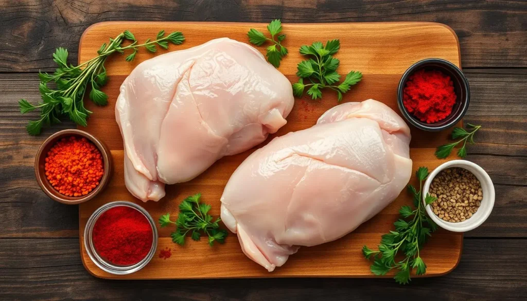 baked chicken breast bone in "Raw bone-in chicken breasts arranged on a rustic wooden cutting board, fresh herbs scattered around, vibrant spices in small bowls, natural lighting highlighting the textures of the meat."