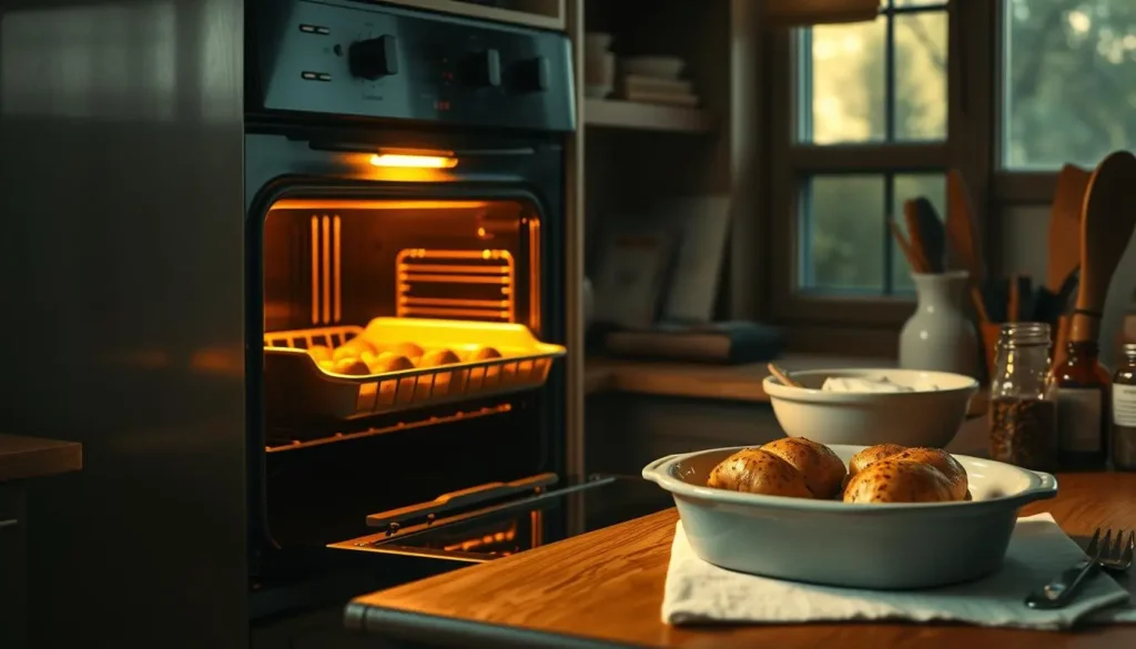 baked chicken breast bone in A cozy kitchen with a preheating oven, golden light emanating from the oven door, a ceramic dish with seasoned chicken breasts nearby, kitchen utensils scattered on a wooden countertop, spices in jars, and a window with sunlight streaming in.