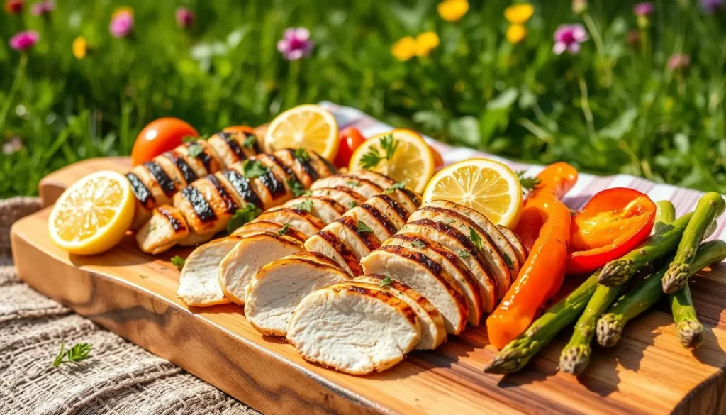 A vibrant and colorful presentation of grilled thin sliced chicken breasts on a wooden board, garnished with fresh herbs, lemon slices, and accompanied by a variety of colorful grilled vegetables like bell peppers, zucchini, and asparagus. The scene is set outdoors on a sunny day, with a rustic picnic blanket and beautiful greenery in the background, evoking a warm and inviting dining atmosphere.