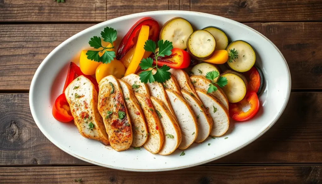 An overhead view of a beautifully arranged plate of thin sliced chicken breast, marinated in vibrant herbs and spices, accompanied by colorful vegetables like bell peppers and zucchini, garnished with fresh parsley, set on a rustic wooden table with a soft natural light highlighting the textures of the food.