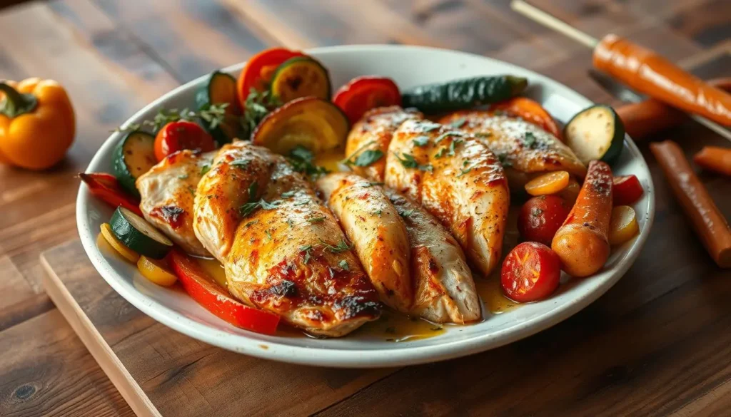 A beautifully arranged plate of baked thin chicken breasts, golden and juicy, garnished with fresh herbs, surrounded by colorful roasted vegetables like bell peppers, zucchini, and carrots, with a drizzle of olive oil, set on a rustic wooden table, soft natural lighting.