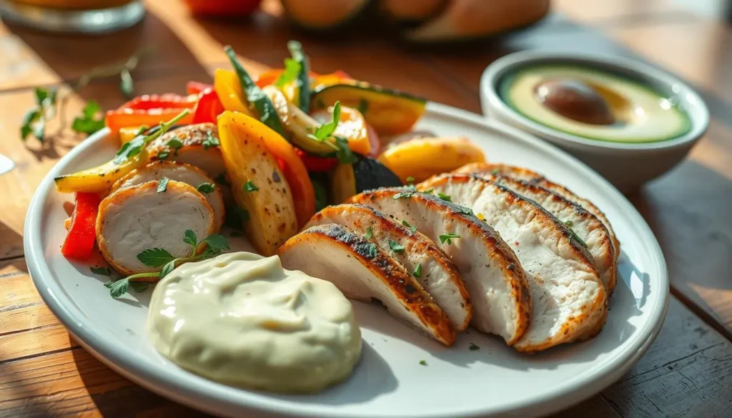 A beautifully arranged plate of low-carb thin sliced chicken breast dishes, featuring grilled chicken slices garnished with fresh herbs, colorful roasted vegetables like bell peppers and zucchini, and a side of creamy avocado dip. The setting is bright and inviting, with a rustic wooden table background and natural light enhancing the vibrant colors of the food.