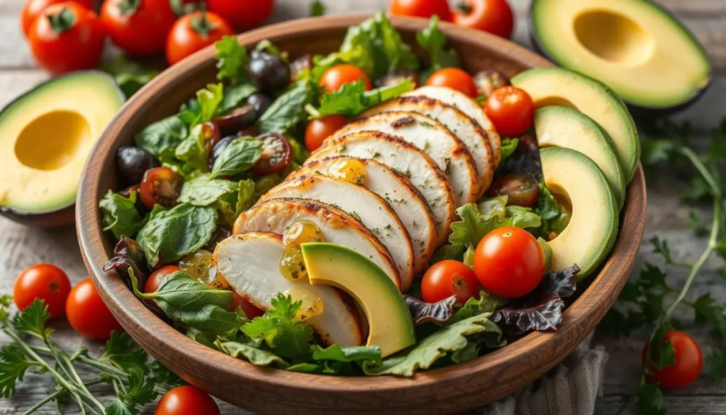 A vibrant chicken avocado salad, featuring thinly sliced grilled chicken breast, ripe avocados, mixed greens, cherry tomatoes, and a drizzle of light vinaigrette, arranged beautifully in a rustic wooden bowl, surrounded by fresh herbs and bright colors.