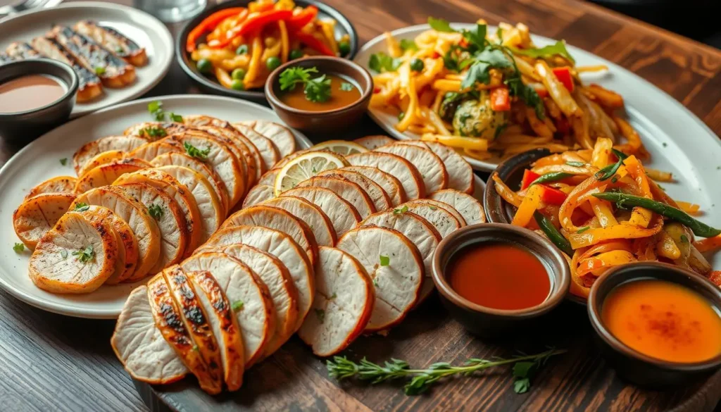 A colorful array of thin sliced chicken breast dishes beautifully arranged on a wooden dinner table, showcasing various cooking styles such as grilled, stir-fried, and baked, garnished with fresh herbs, vibrant vegetables, and sauces in small bowls, with warm, inviting lighting that adds a cozy atmosphere.