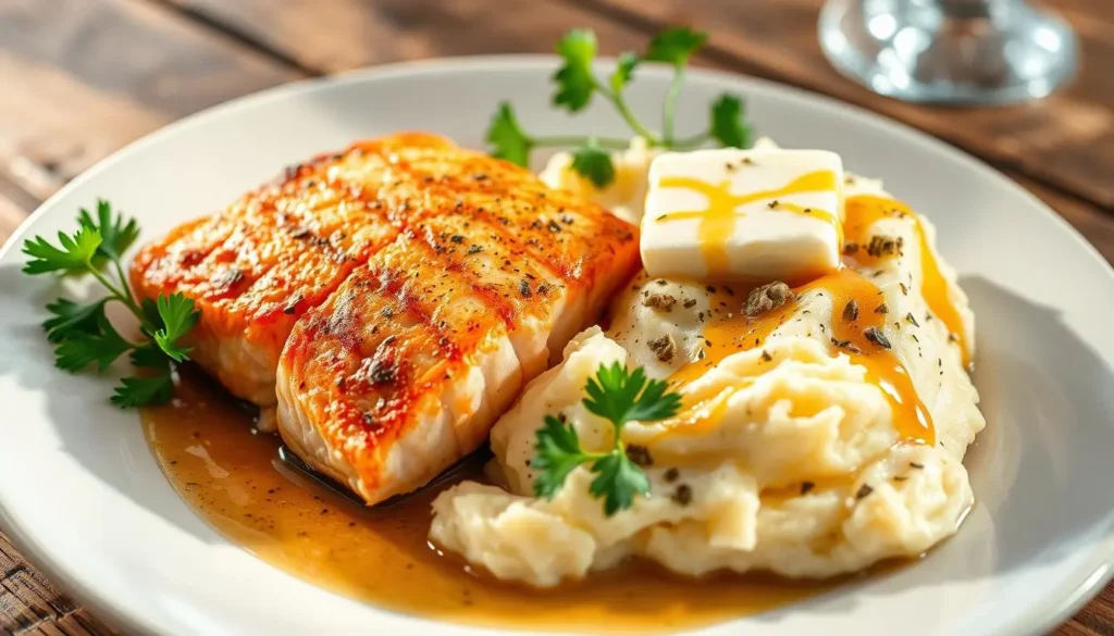 salmon and mashed potatoes​