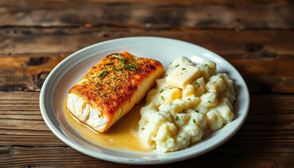 salmon and mashed potatoes​