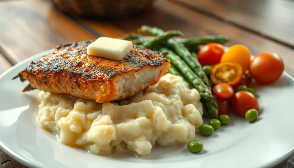 salmon and mashed potatoes​