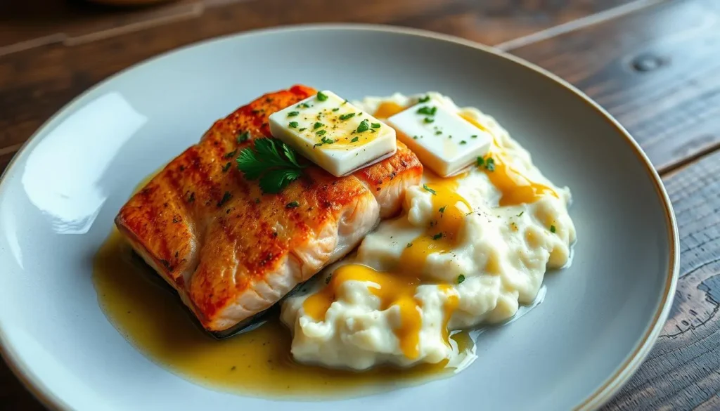 salmon and mashed potatoes​